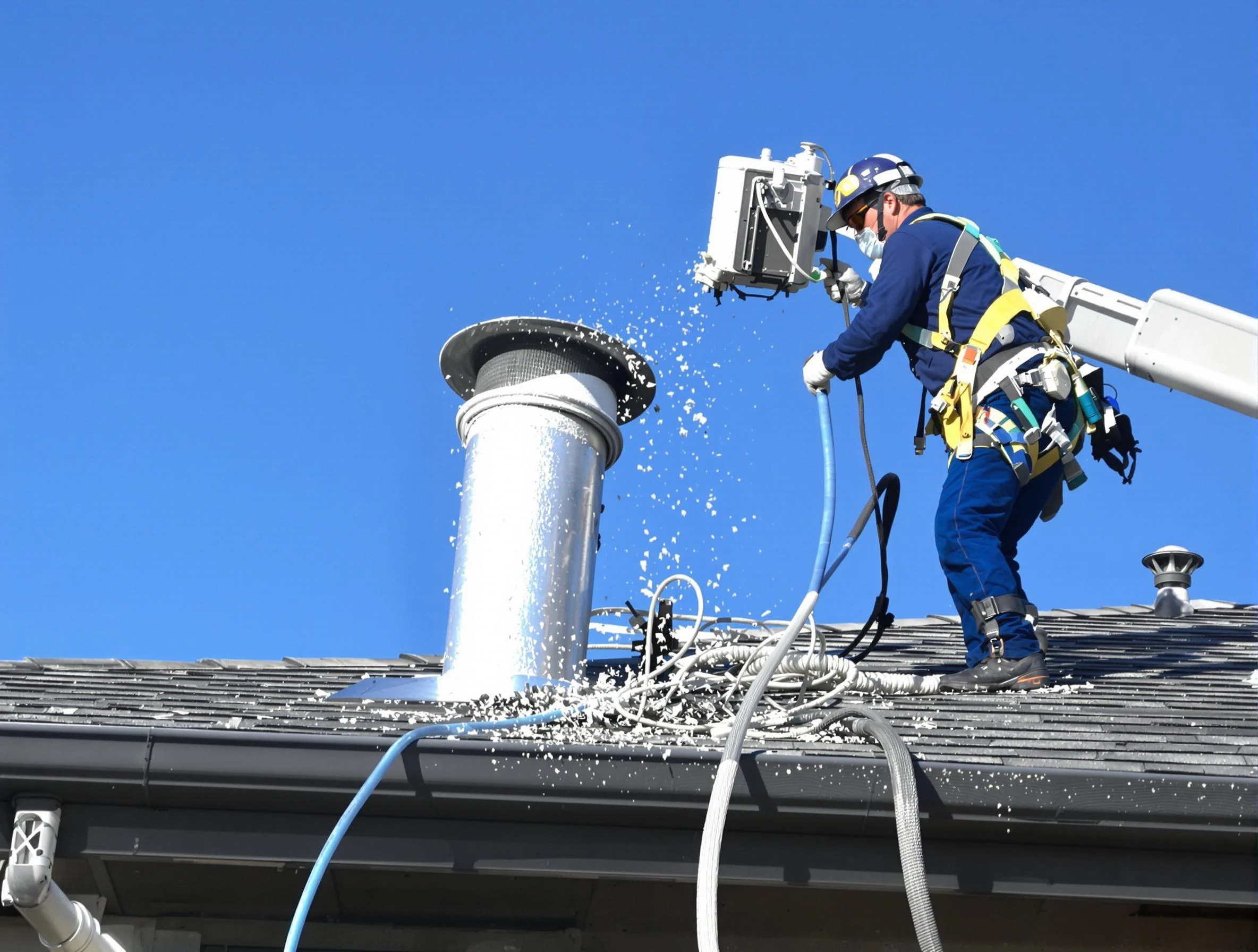 Birmingham Dryer Vent Cleaning certified technician safely cleaning a roof-mounted dryer vent in Birmingham